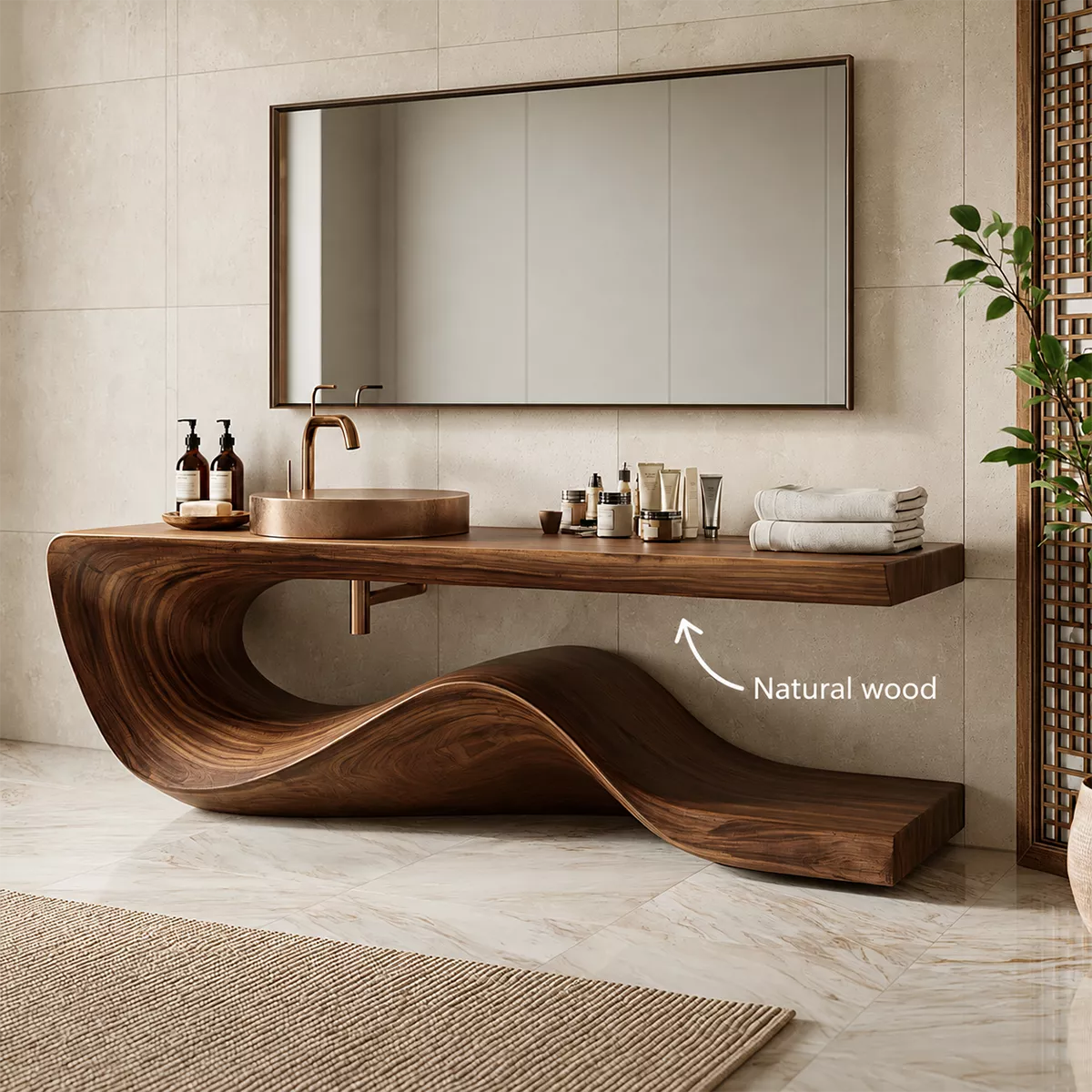 Sculptural Solid Wood Bathroom Vanity With Flowing Wave Base And Natural Wood Grain - Livewoodcraft - 11