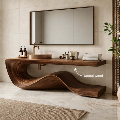Sculptural Solid Wood Bathroom Vanity With Flowing Wave Base And Natural Wood Grain - Livewoodcraft - 11