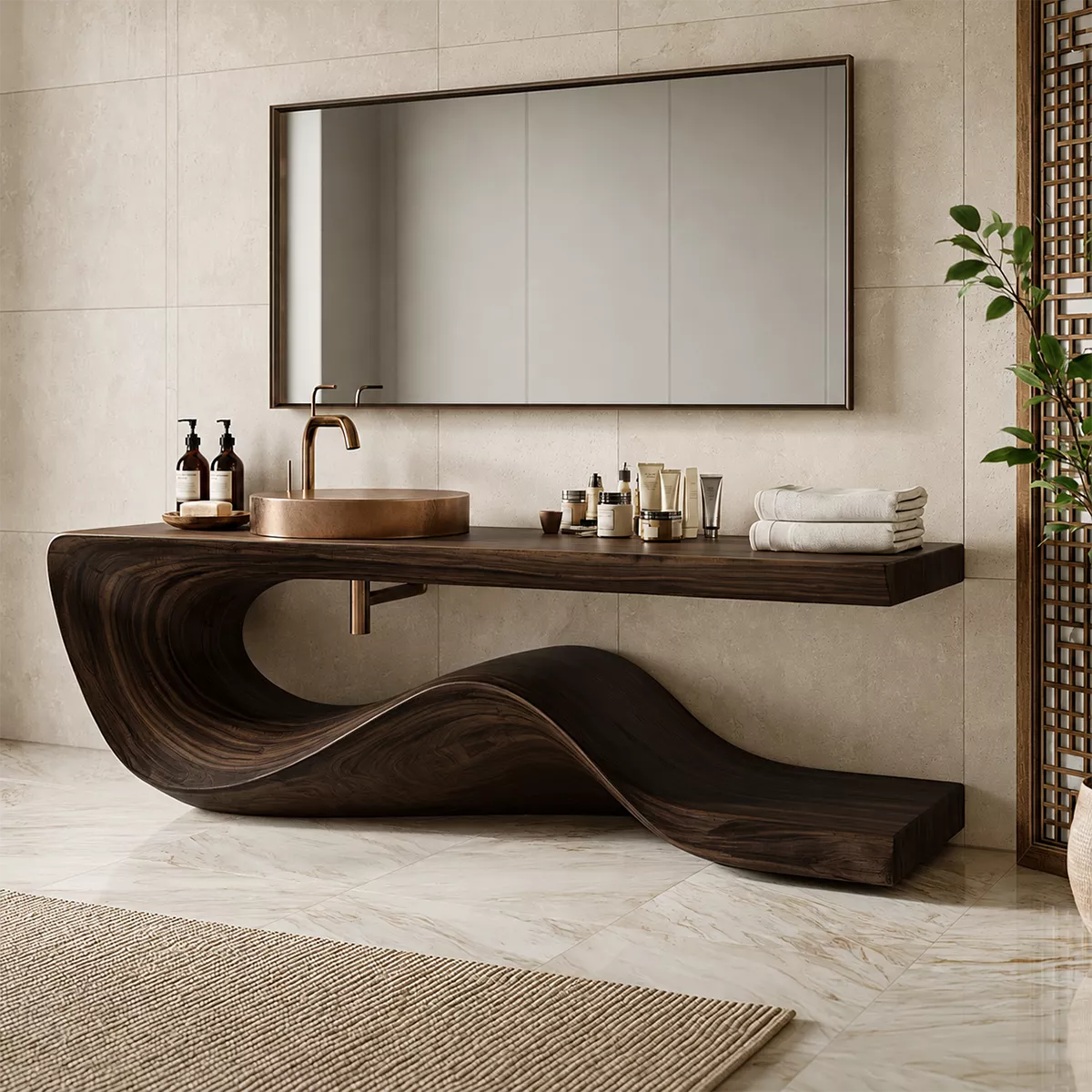 Sculptural Solid Wood Bathroom Vanity With Flowing Wave Base And Natural Wood Grain - Livewoodcraft - 2