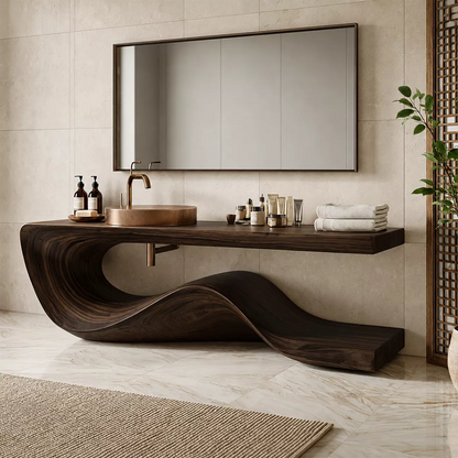 Sculptural Solid Wood Bathroom Vanity With Flowing Wave Base And Natural Wood Grain - Livewoodcraft - 2