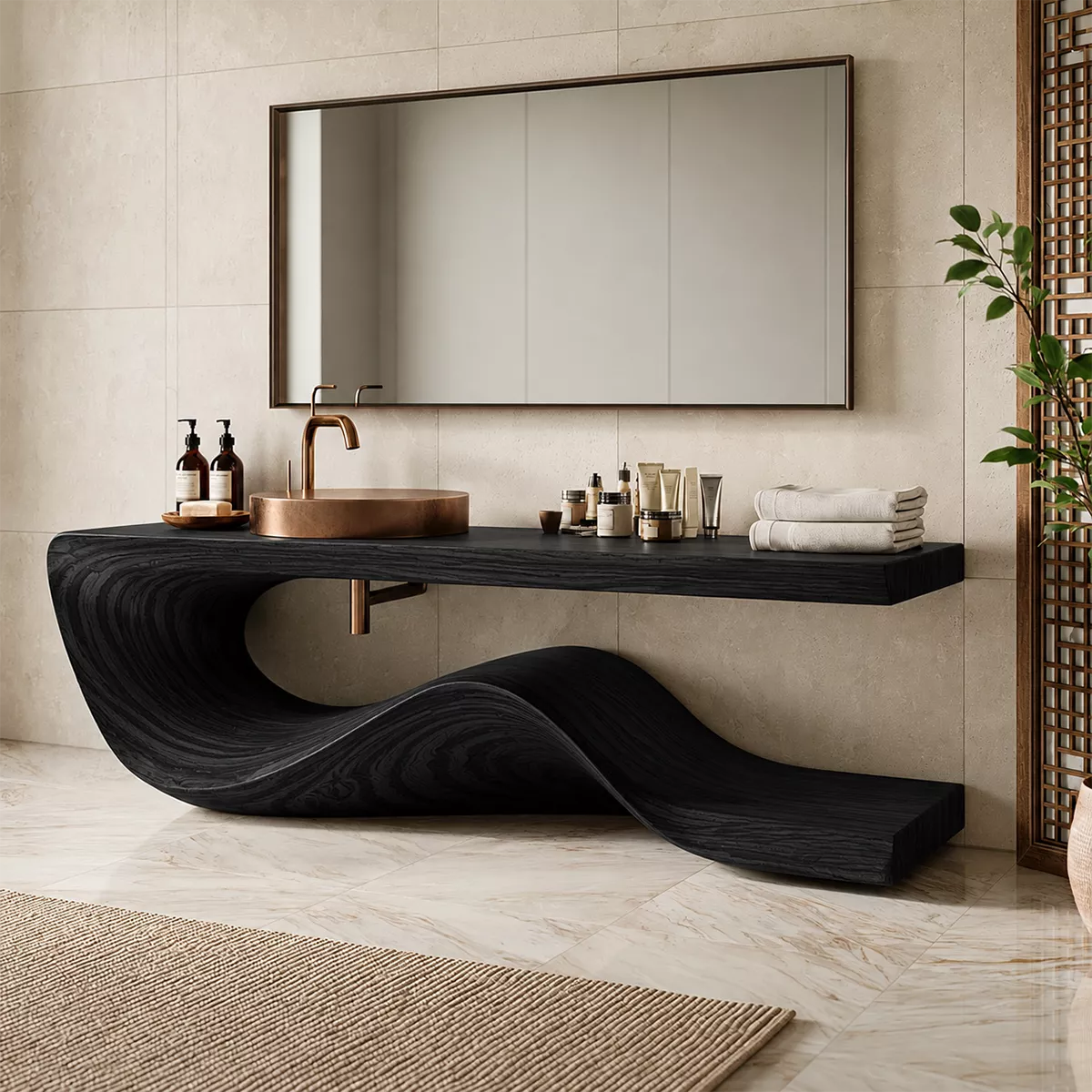 Sculptural Solid Wood Bathroom Vanity With Flowing Wave Base And Natural Wood Grain - Livewoodcraft - 3