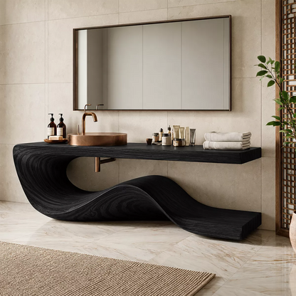 Sculptural Solid Wood Bathroom Vanity With Flowing Wave Base And Natural Wood Grain - Livewoodcraft - 3
