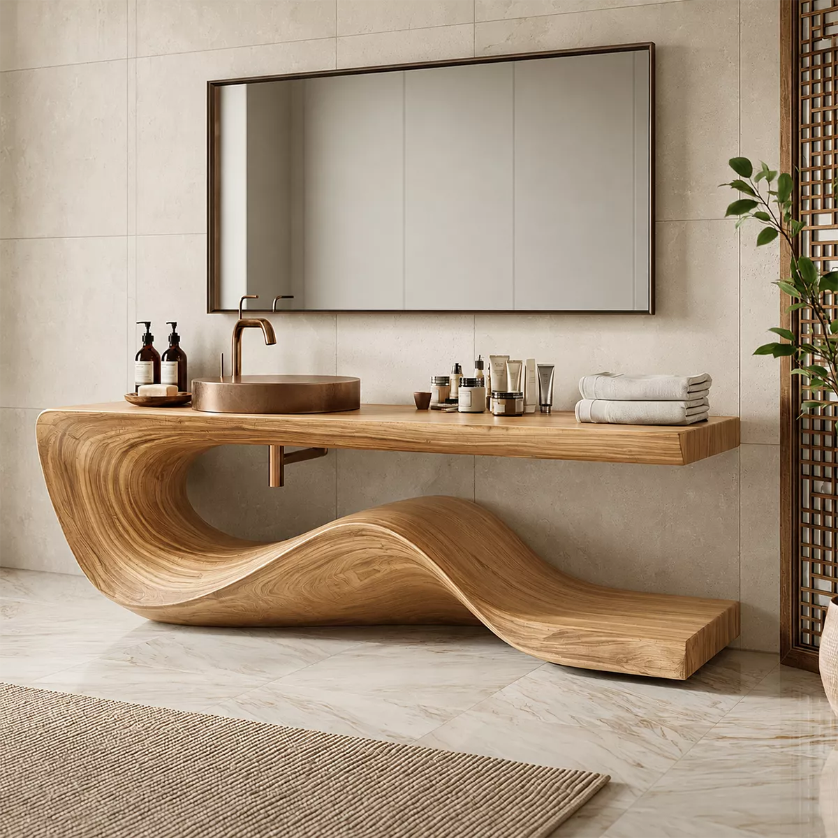 Sculptural Solid Wood Bathroom Vanity With Flowing Wave Base And Natural Wood Grain - Livewoodcraft - 4