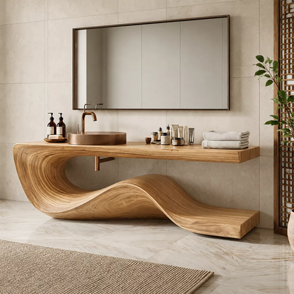 Sculptural Solid Wood Bathroom Vanity With Flowing Wave Base And Natural Wood Grain - Livewoodcraft - 4