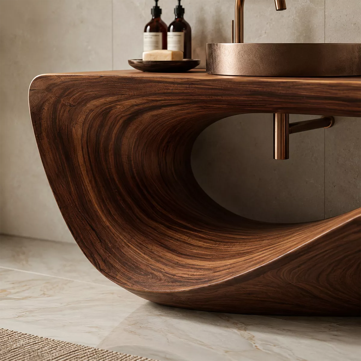 Sculptural Solid Wood Bathroom Vanity With Flowing Wave Base And Natural Wood Grain - Livewoodcraft - 5