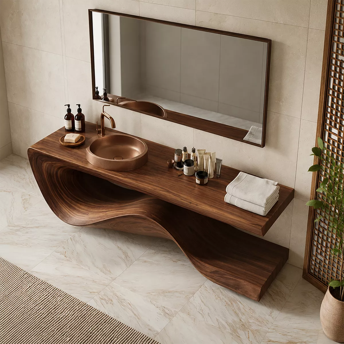 Sculptural Solid Wood Bathroom Vanity With Flowing Wave Base And Natural Wood Grain - Livewoodcraft - 6