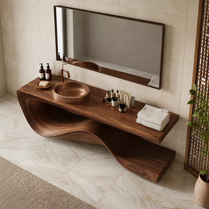 Sculptural Solid Wood Bathroom Vanity With Flowing Wave Base And Natural Wood Grain - Livewoodcraft - 6