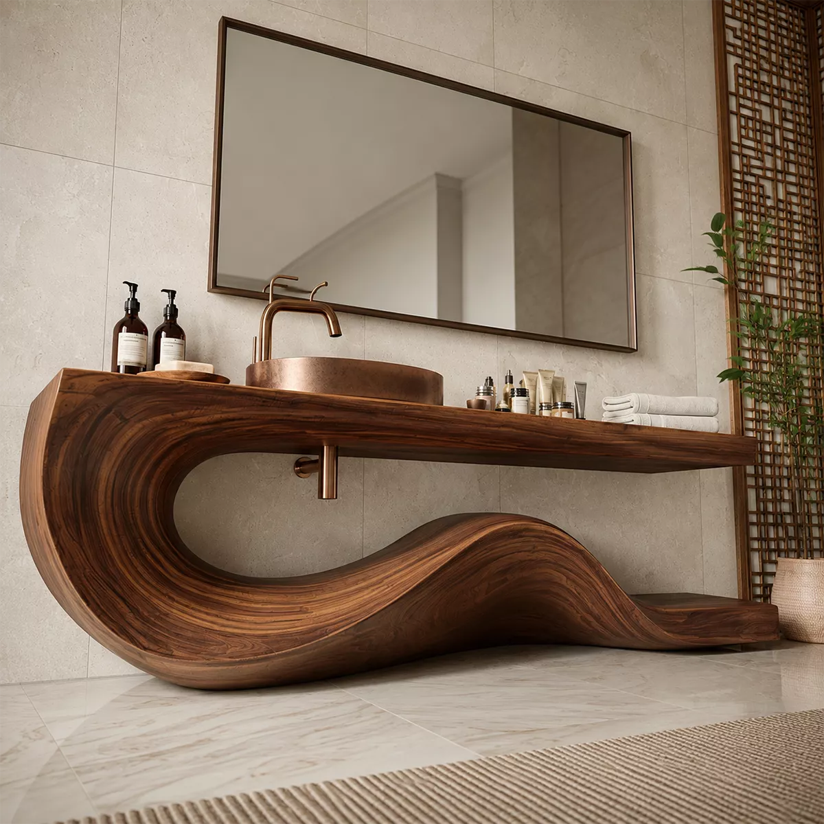 Sculptural Solid Wood Bathroom Vanity With Flowing Wave Base And Natural Wood Grain - Livewoodcraft - 7