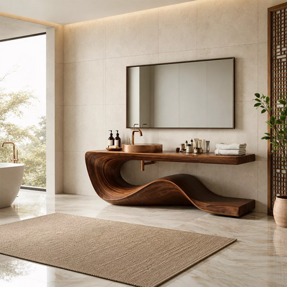 Sculptural Solid Wood Bathroom Vanity With Flowing Wave Base And Natural Wood Grain - Livewoodcraft - 8