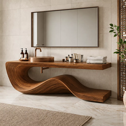 Sculptural Solid Wood Bathroom Vanity With Flowing Wave Base And Natural Wood Grain - Livewoodcraft - 9
