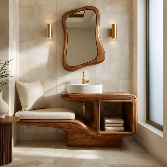 Sculptural Solid Wood Bathroom Vanity With Integrated Bench Open Shelf And Organic Mirror Frame - Echotimber