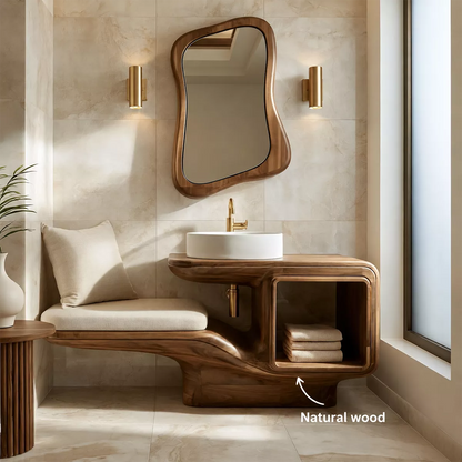 Sculptural Solid Wood Bathroom Vanity With Integrated Bench Open Shelf And Organic Mirror Frame - Livewoodcraft - 11