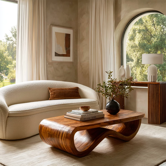 Sculptural Solid Wood Coffee Table With Curved Waterfall Base And Natural Wood Grain For Modern Living Room - Echotimber