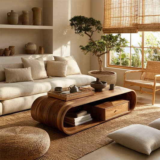 Sculptural Solid Wood Coffee Table With Curved Waterfall Base Storage Drawer And Open Shelf For Modern Living Room - Echotimber