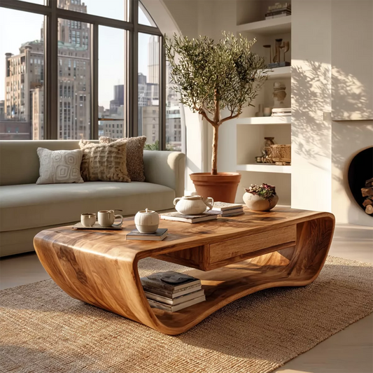 Sculptural Solid Wood Coffee Table With Curved Waterfall Frame Storage Drawer And Open Shelf For Modern Living Room - Echotimber