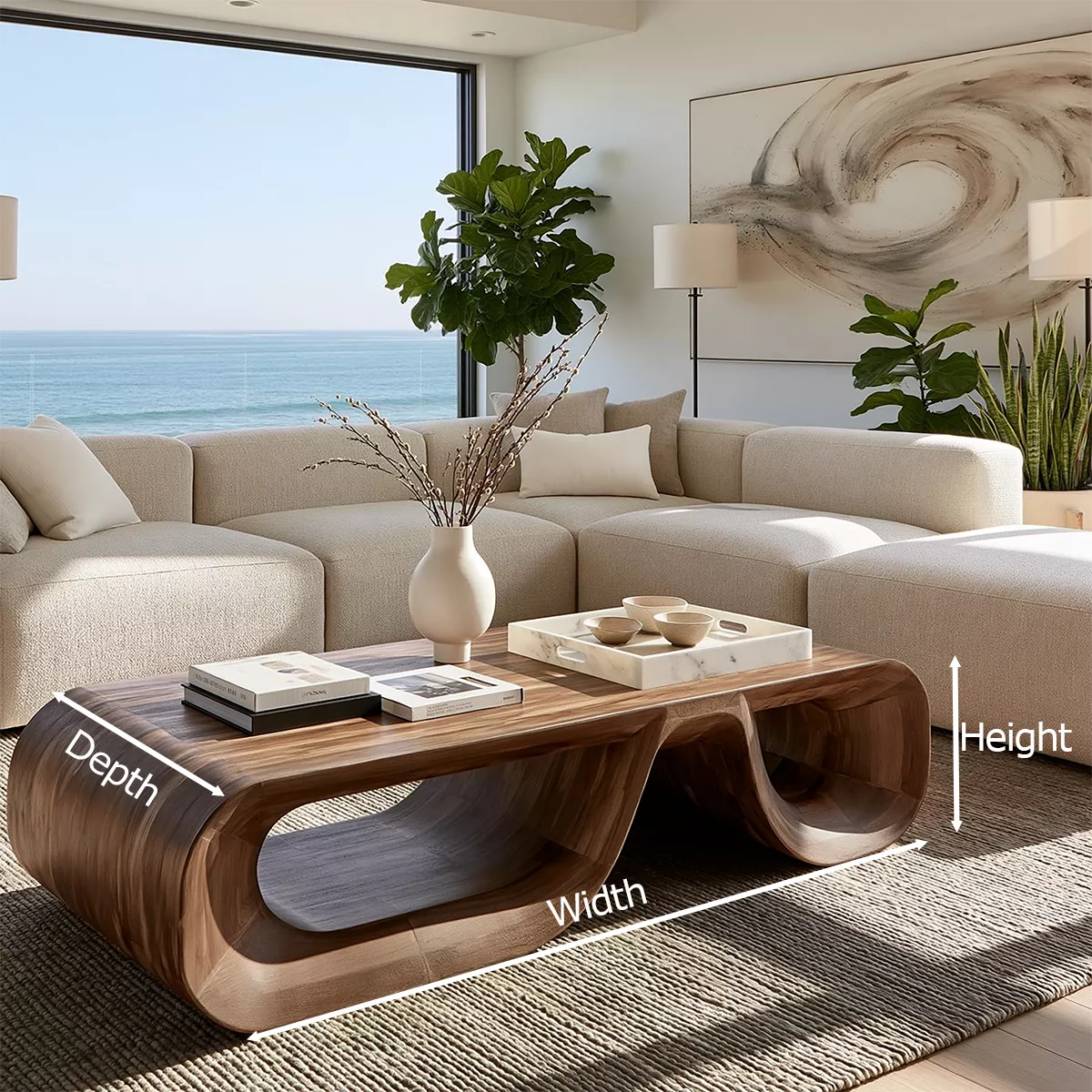 Sculptural Solid Wood Coffee Table With Double Open Wave Base And Natural Wood Grain For Modern Living Room - Livewoodcraft - 11