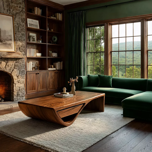 Sculptural Solid Wood Coffee Table With Hidden Storage Drawer And Curved Open Base For Modern Living Room - Echotimber