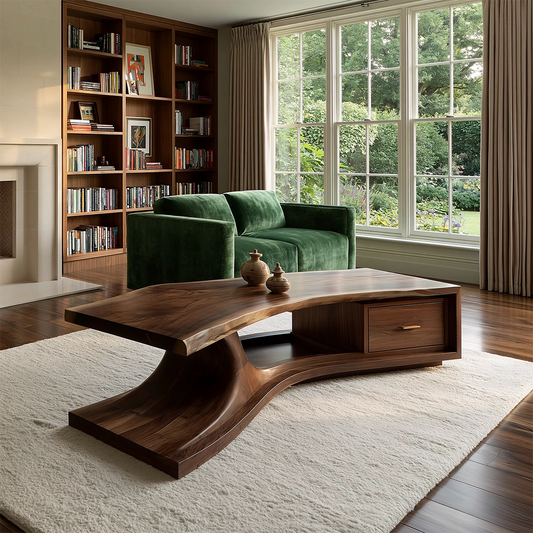 Sculptural Solid Wood Coffee Table With Live Edge Top And Storage Drawer Modern Organic Living Room Table - Echotimber