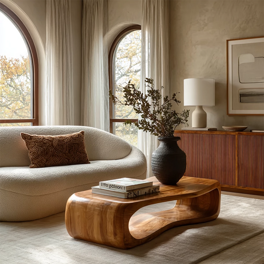 Sculptural Solid Wood Coffee Table With Rounded Waterfall Base And Open Center For Modern Living Room - Echotimber