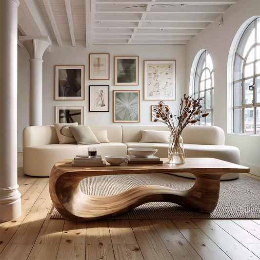 Sculptural Solid Wood Coffee Table With Wave Open Base And Natural Wood Grain For Modern Living Room - Echotimber