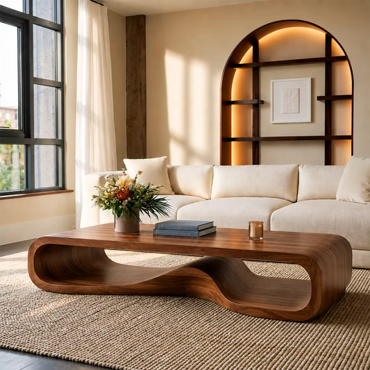 Sculptural Solid Wood Coffee Table With Wave Open Base Rounded Waterfall Sides And Natural Wood Grain For Modern Living Room - Echotimber