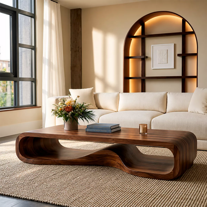 Sculptural Solid Wood Coffee Table With Wave Open Base Rounded Waterfall Sides And Natural Wood Grain For Modern Living Room - Livewoodcraft - 5