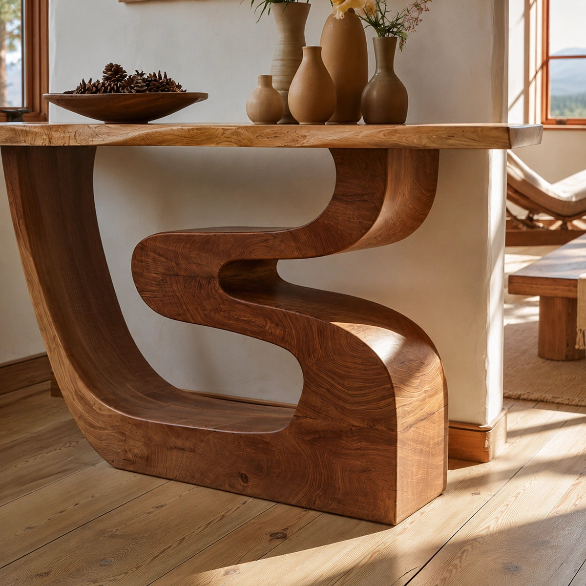 Sculptural Solid Wood Console Table with Curved Base - Livewoodcraft - 0528 - 5