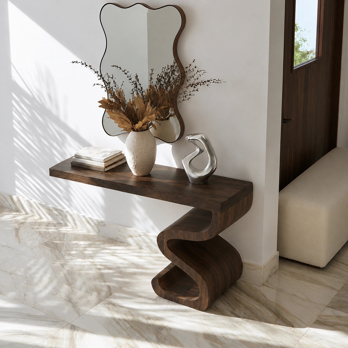Sculptural Solid Wood Console Table with Curved Base - Livewoodcraft - 4