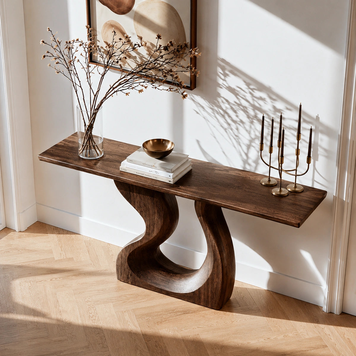 Sculptural Solid Wood Console Table with Curved Base - Livewoodcraft - 8496 - 7