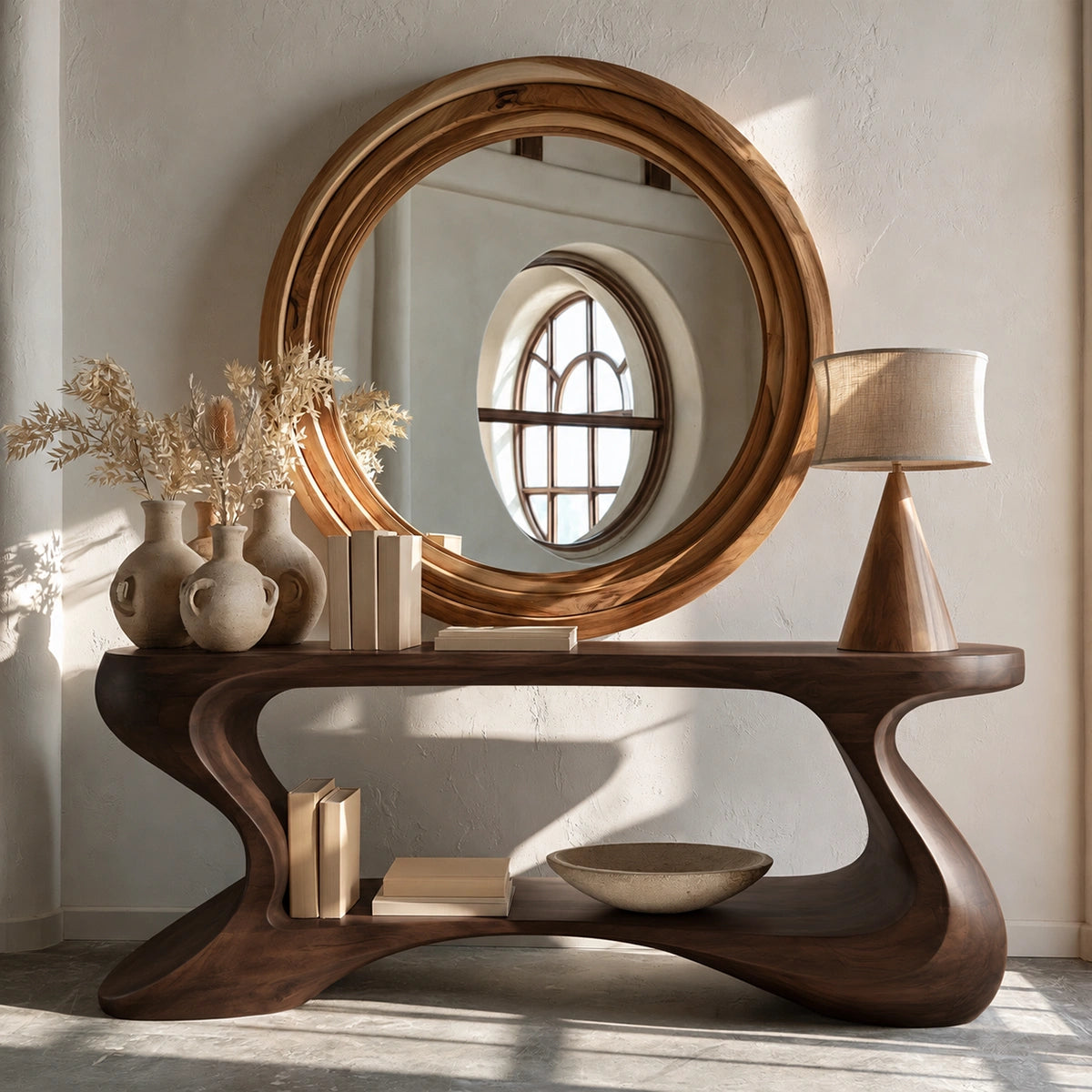 Sculptural Solid Wood Console Table with Open Shelf - Livewoodcraft - 4848 - 2