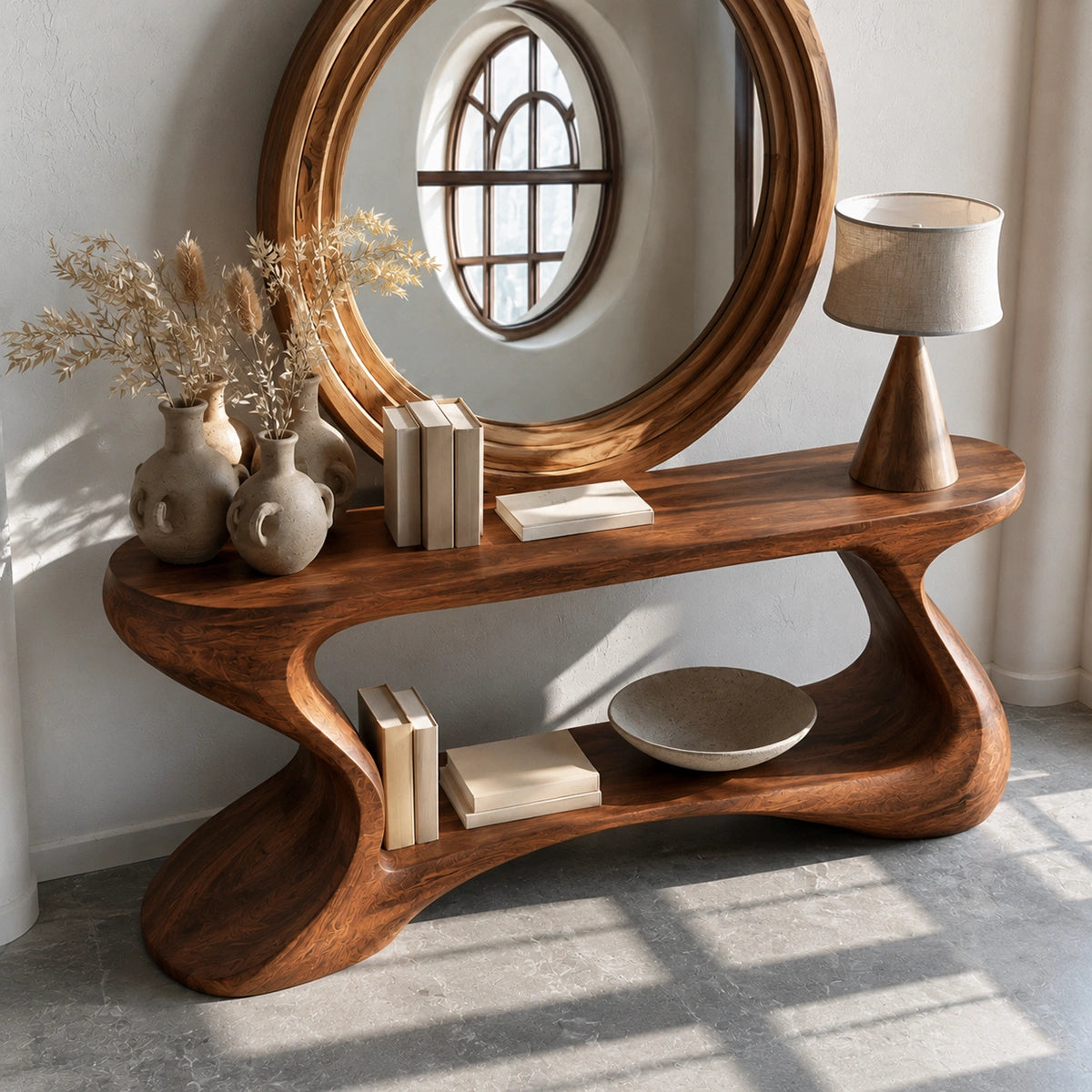 Sculptural Solid Wood Console Table with Open Shelf - Livewoodcraft - 4848 - 7