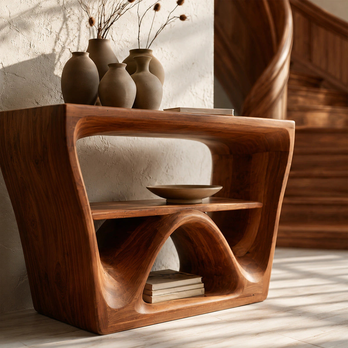 Sculptural Solid Wood Console Table with Open Shelf - Livewoodcraft - 5