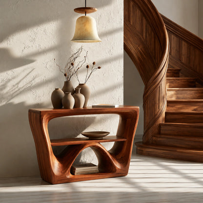 Sculptural Solid Wood Console Table with Open Shelf - Livewoodcraft - 6