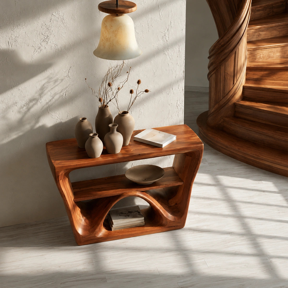 Sculptural Solid Wood Console Table with Open Shelf - Livewoodcraft - 7