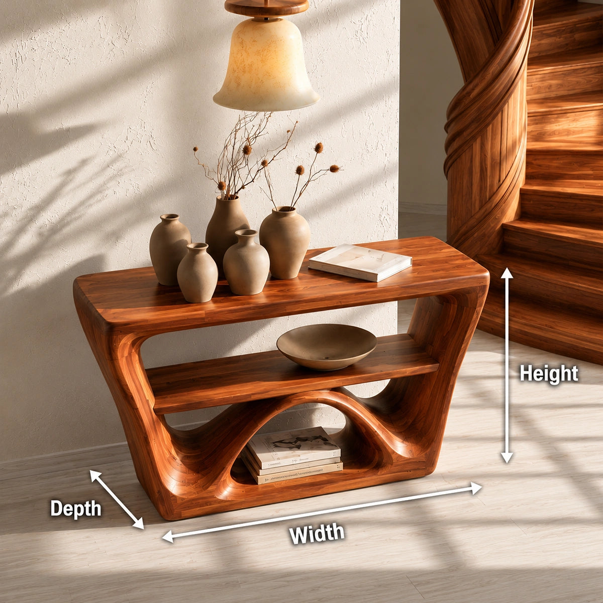Sculptural Solid Wood Console Table with Open Shelf - Livewoodcraft - 9