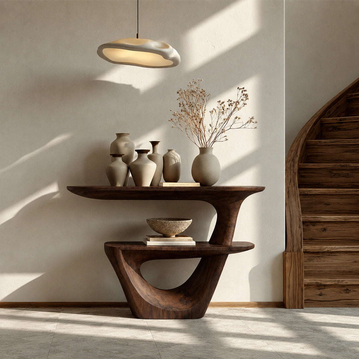 Sculptural Solid Wood Console Table with Open Shelf - Livewoodcraft - 9280