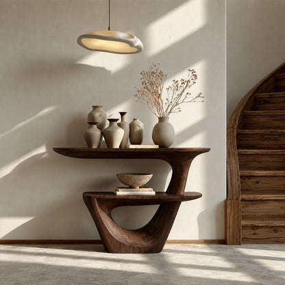 Sculptural Solid Wood Console Table with Open Shelf - Livewoodcraft - 9280