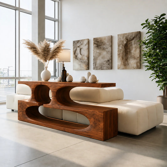 Sculptural Solid Wood Console Table with Open Shelves - Echotimber