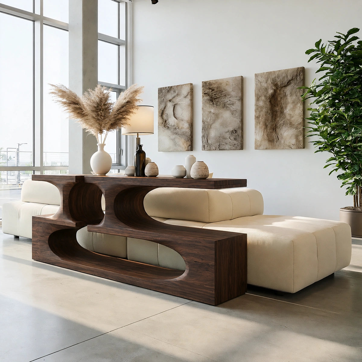 Sculptural Solid Wood Console Table with Open Shelves - Livewoodcraft - 2