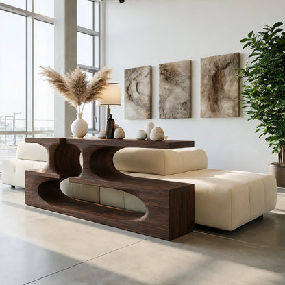 Sculptural Solid Wood Console Table with Open Shelves - Livewoodcraft - 2