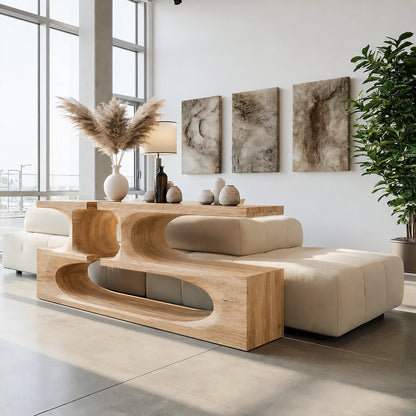 Sculptural Solid Wood Console Table with Open Shelves - Livewoodcraft - 3