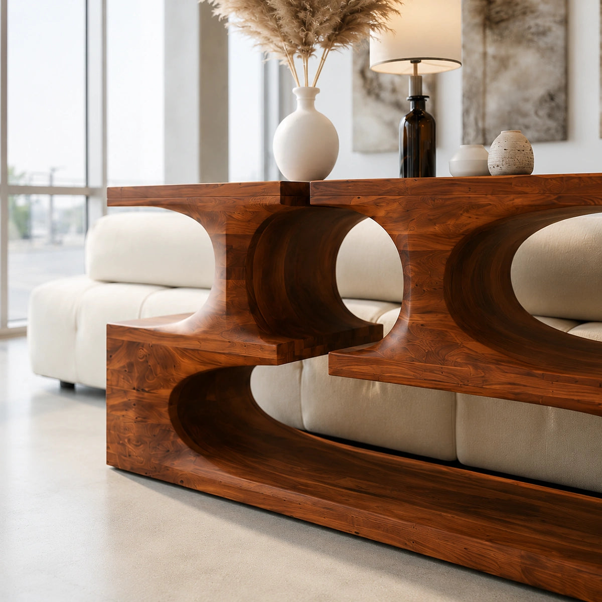 Sculptural Solid Wood Console Table with Open Shelves - Livewoodcraft - 5