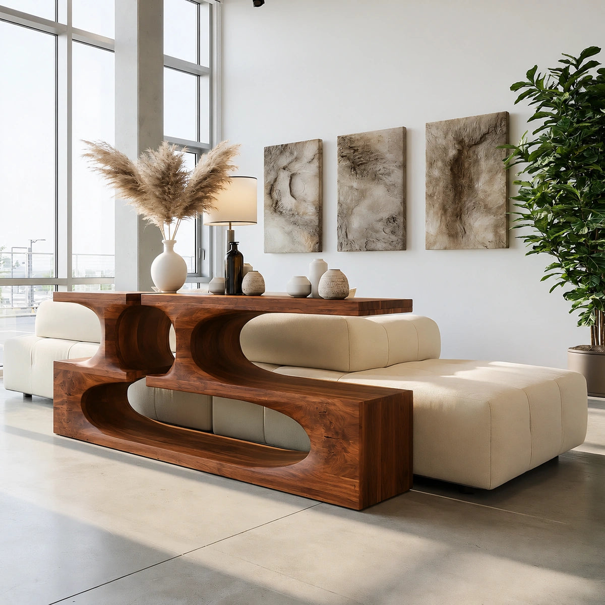 Sculptural Solid Wood Console Table with Open Shelves - Livewoodcraft - 8