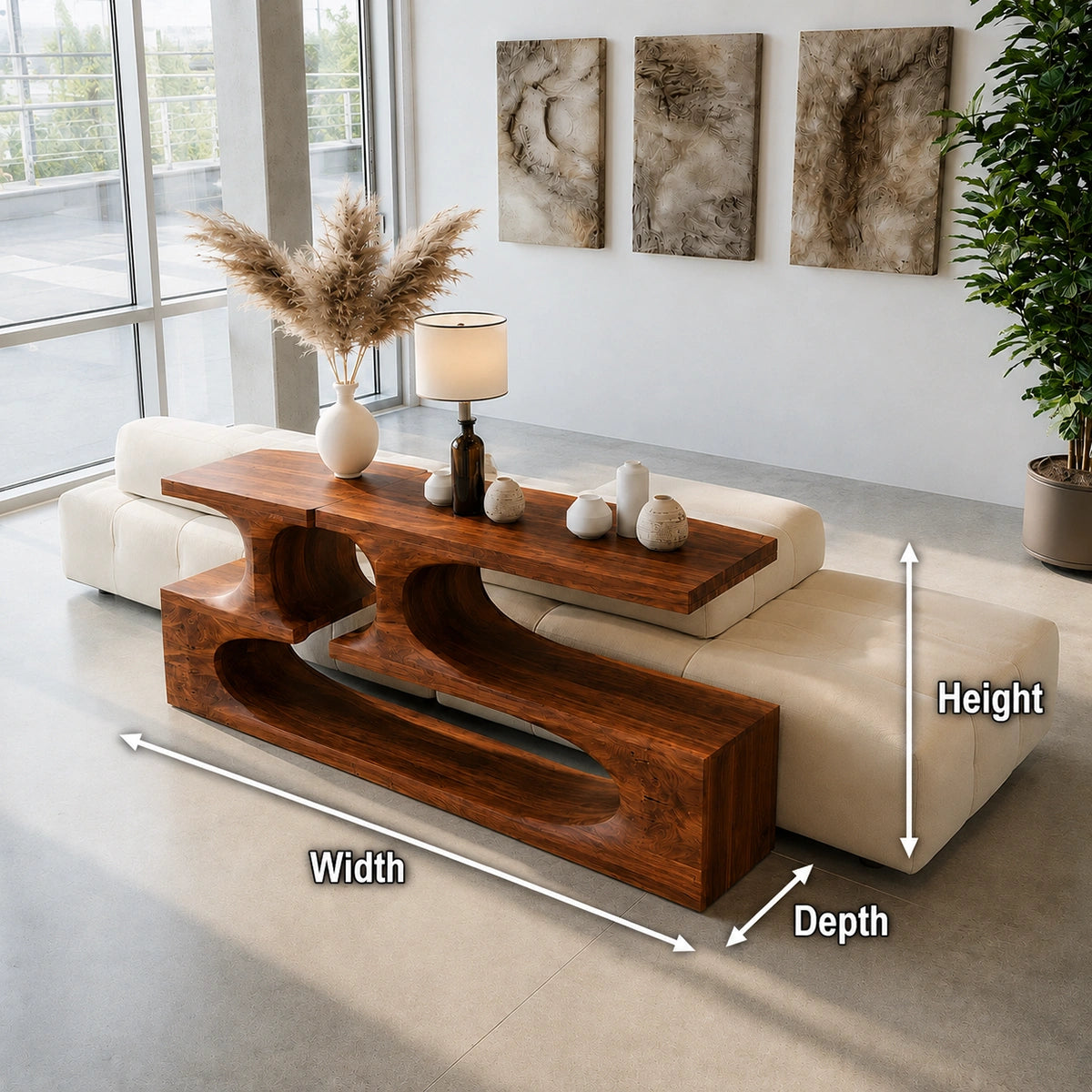 Sculptural Solid Wood Console Table with Open Shelves - Livewoodcraft - 9