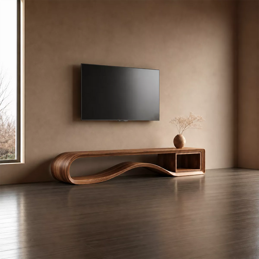 Sculptural Solid Wood TV Cabinet With Wave Open Base Side Shelf And Natural Wood Grain For Modern Living Room - Echotimber