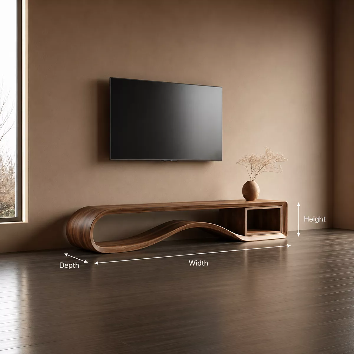 Sculptural Solid Wood TV Cabinet With Wave Open Base Side Shelf And Natural Wood Grain For Modern Living Room - Livewoodcraft - 10