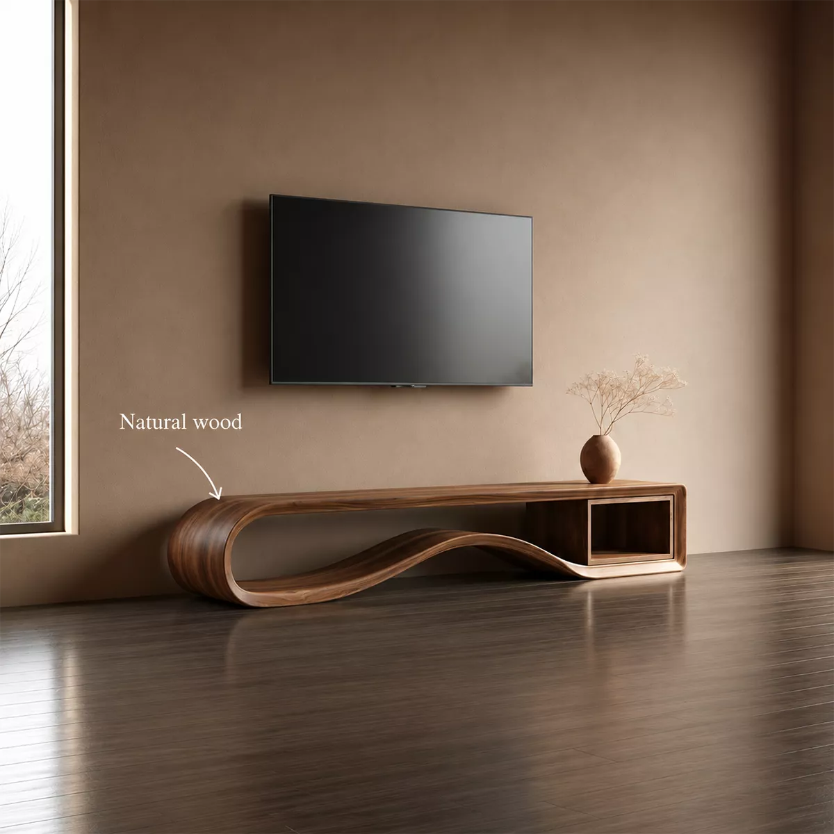 Sculptural Solid Wood TV Cabinet With Wave Open Base Side Shelf And Natural Wood Grain For Modern Living Room - Livewoodcraft - 11