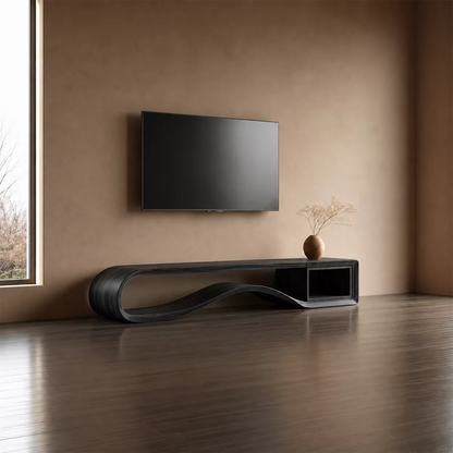 Sculptural Solid Wood TV Cabinet With Wave Open Base Side Shelf And Natural Wood Grain For Modern Living Room - Livewoodcraft - 2