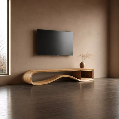 Sculptural Solid Wood TV Cabinet With Wave Open Base Side Shelf And Natural Wood Grain For Modern Living Room - Livewoodcraft - 3