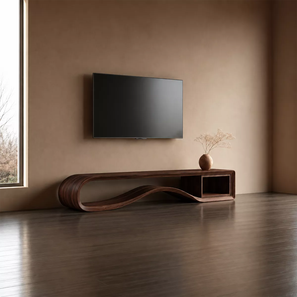 Sculptural Solid Wood TV Cabinet With Wave Open Base Side Shelf And Natural Wood Grain For Modern Living Room - Livewoodcraft - 4